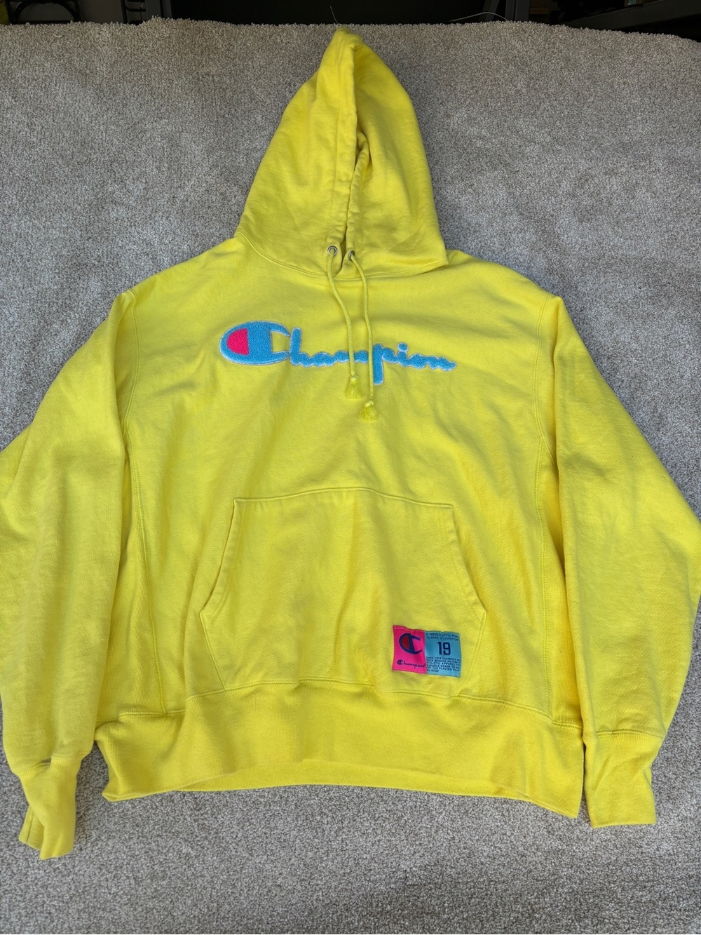 Champion Reverse Weave Bright Yellow Hooded Sweatshirt w/Pockets Size XL